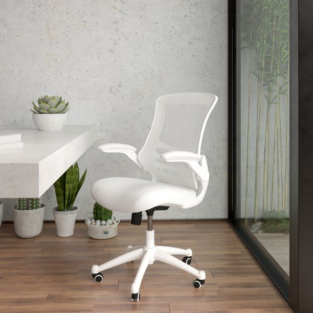 Photo 1 of Flash Furniture Mid-Back White Mesh Swivel Ergonomic Task Office Chair with White Frame and Flip-Up Arms