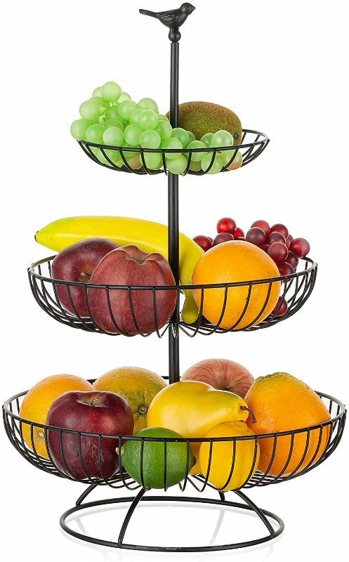 Photo 1 of 3 Tier Fruit Basket, Large Decorative Fruit Bowl For Kitchen Countertop Metal Wire Baskets Farmhouse Decor Fruit Vegetable Storage Tiered Produce Holder Stand Counter Organizer for Snacks Cake