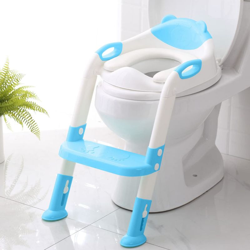 Photo 1 of Potty Training Seat with Step Stool Ladder, Potty Training Toilet Seat for Boys Girls Kids Toddlers, Soft Cushion, Safety Handle, Anti-Slip Step Pads, Baby Toddler Potty Seat for Toilet
