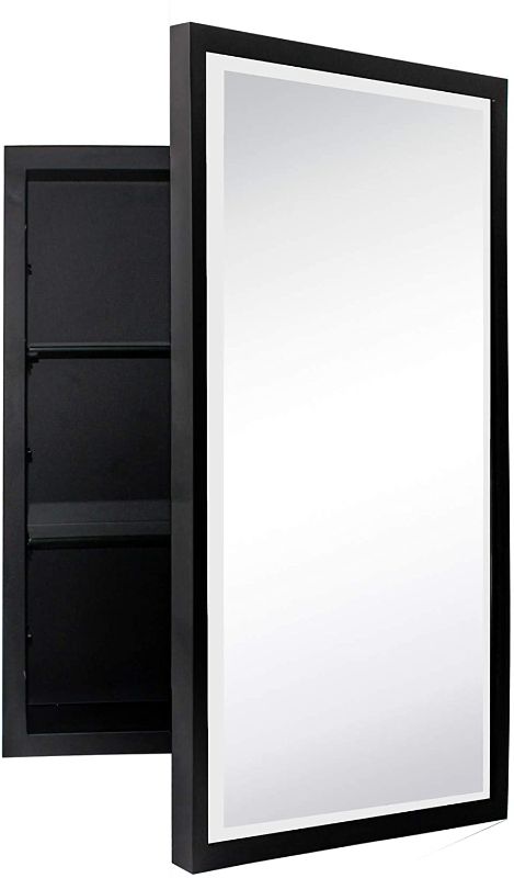 Photo 1 of Black Metal Framed Recessed Bathroom Medicine Cabinet with Mirror Rectangle Beveled Vanity Mirrors for Wall 16 x 24 inches
