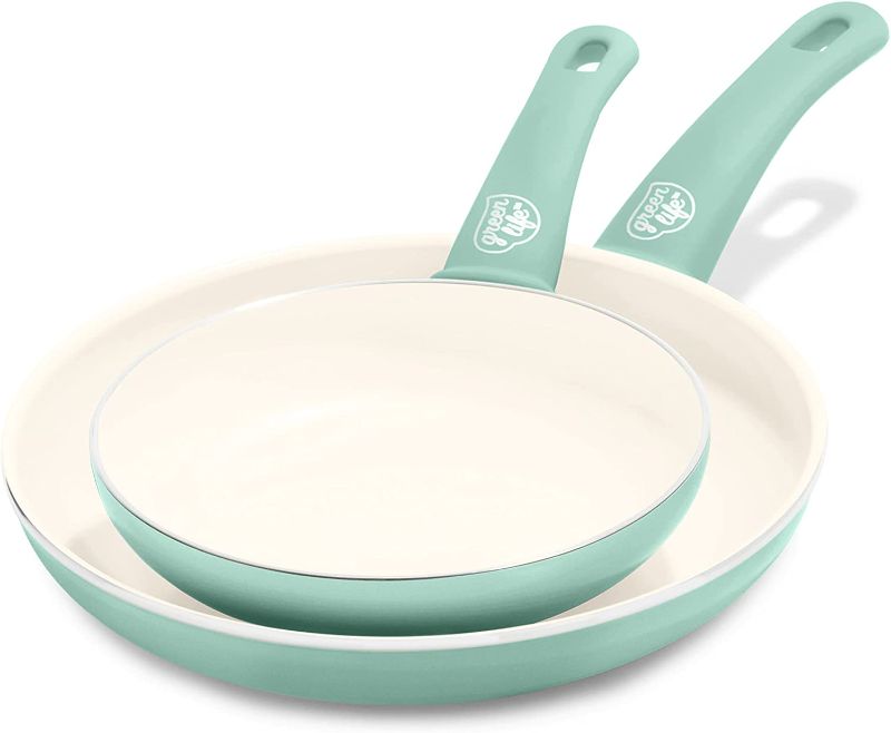 Photo 1 of GreenLife Soft Grip Healthy Ceramic Nonstick 7" and 10" Frying Pan Skillet Set, PFAS-Free, Dishwasher Safe, Turquoise
