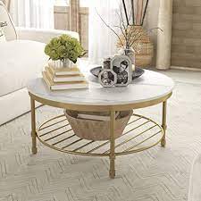 Photo 1 of Gezen Round Coffee Table for Living Room, 2-Tier Modern Coffee Table with Open Storage Shelf, Industrial Rustic Steel Accent Table, Wooden Tabletop, Metal Frame - Marble White with Gold Frame
