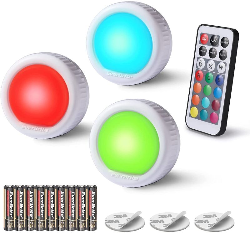 Photo 1 of EverBrite 3Pack Wireless LED Puck Lights With Remote Control.