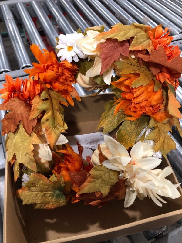 Photo 2 of Autumn Fall Wreath with 20 Lights, 19.7inch Halloween Wreath, with Pumkin, Daisy, Chrysanthemums, Maple Leaves for Christmas Decorations Thanksgiving Gift, Fall Wreath for Halloween Decoration
