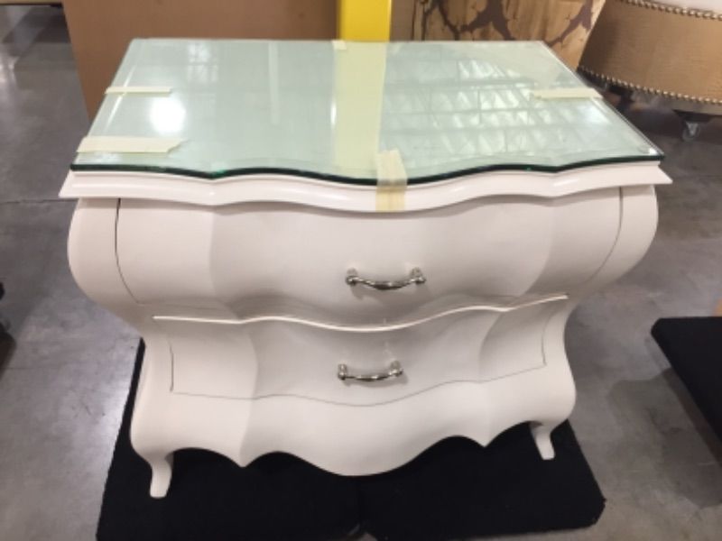 Photo 1 of WHITE GLASS TOP 2 DRAWER ENDTABLE, DIFFERS FROM STOCK PHOTO, HEIGHT 31 INCHES, WIDTH 36 INCHES