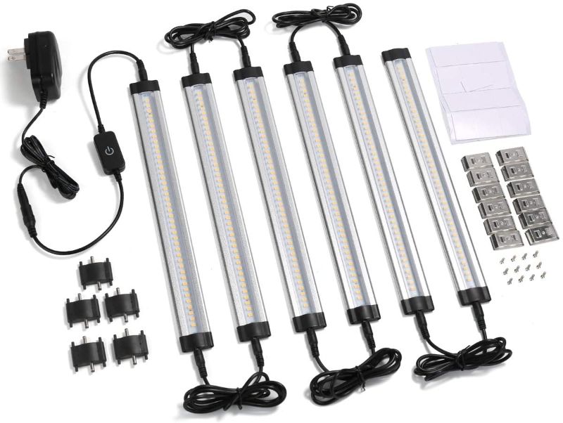 Photo 1 of LE LED Under Cabinet Lighting Plug in Kitchen Under Counter Lights, Linkable Touch Dimmable 6 pcs 12 inches Light Bars, 24W 1800lm 3000K Warm White 12V Undermount Lighting for Cupboard, Shelf, Closet
