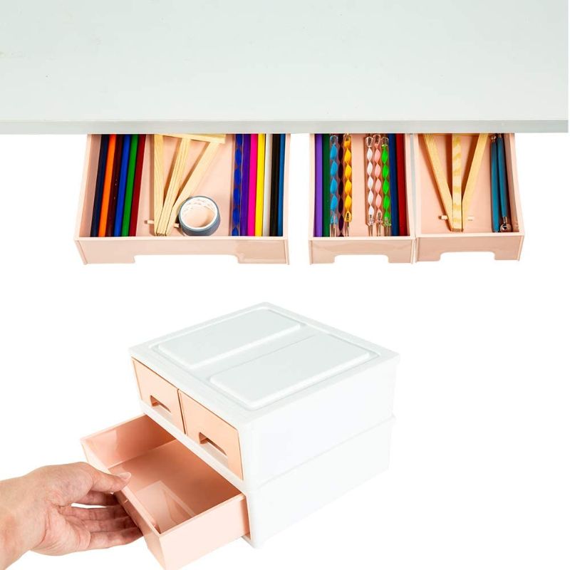 Photo 1 of Under Desk Drawer, 2 Pieces Self Adhesive Hidden Slide Out Under Desk Drawers Tray & Storage Compact Stacking Drawer Organizers Space Saving for Office School Home Desk (Pink-White)
