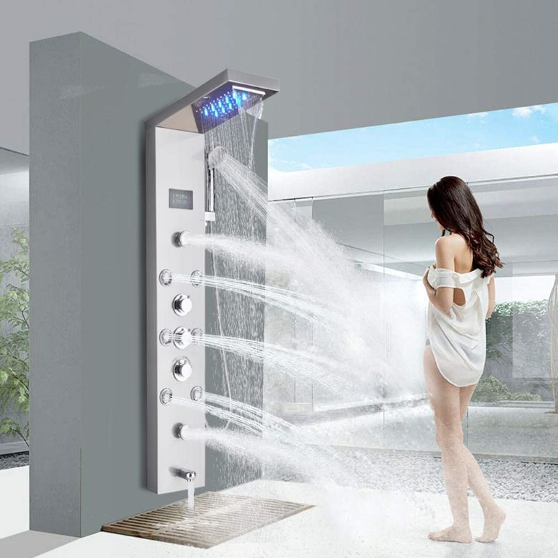 Photo 1 of FUZ Contemporary Shower Panel Tower System Stainless Steel 6-Function Faucet LED Rainfall Waterfall Shower Head + Handheld Sprayer + Rain Massage Body Jets + Tub Spout,Brushed Nickel…
