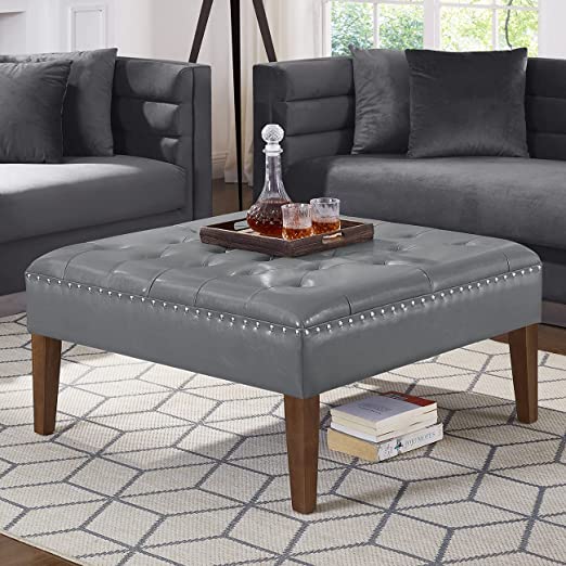 Photo 1 of 24KF Large Square Upholstered Tufted PU Leather Ottoman Coffee Table , Large Footrest Bench with Wooden Legs - Grey
