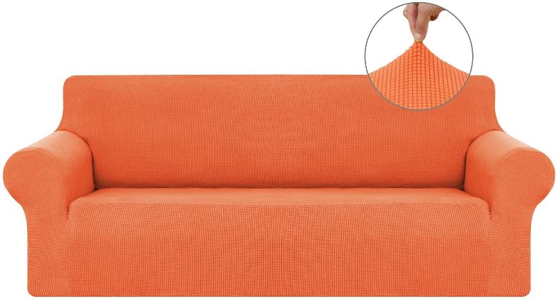 Photo 1 of Czufon Stretch Couch Cover Slipcover Spandex 1-Piece Oversized 3 Seater Sofa Cover Furniture Protector with Non Skid Foam and Elastic Bottom for Kids, Pets(Orange,X-Large)
