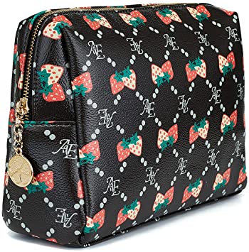 Photo 1 of Luxury Makeup Bag for Purse Large Women Cosmetic Bags for Travel with Double Strawberry Print Design (Black)
