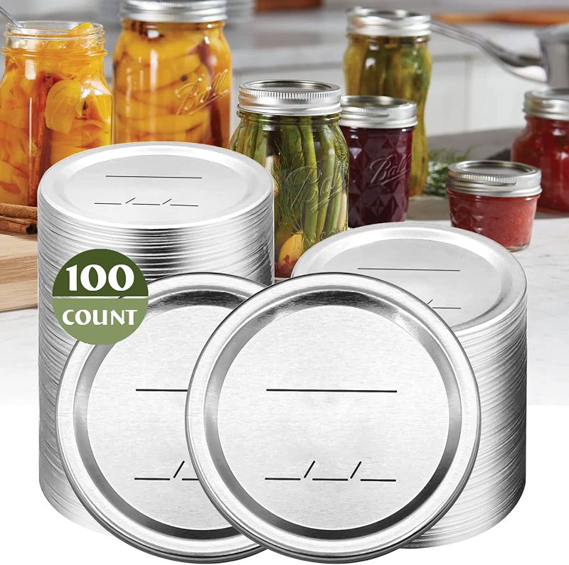 Photo 1 of 100-Count,Regular Mouth Canning Lids for Metal Mason Jar, Ball, Kerr Jars Split-Type Metal Canning Jar Lids for Food Grade Material 100% Fit & Airtight for Regular Mouth Jars(70mm)
