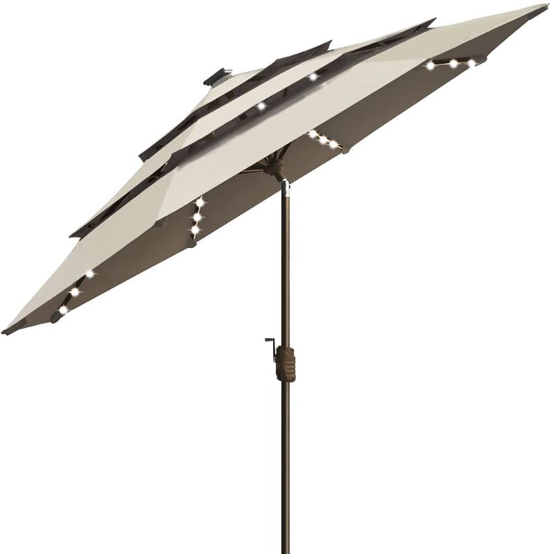 Photo 1 of EliteShade USA sunumbrella Solar 9ft 3 Tiers Market Umbrella with 80 LED Lights Patio Umbrellas Outdoor Table with Ventilation and 5 Years Non-Fading Top,Antique Beige
