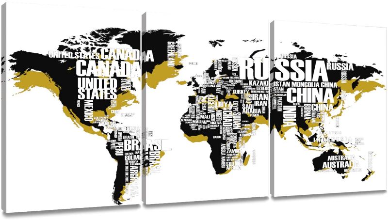 Photo 1 of Decor MI Modern World Map Wall Art Canvas Paintings Map of the World Stretched Framed Ready to Hang Map Decor Artwork for Home Office Living room Decoration 12" x 16" x 3 pieces
