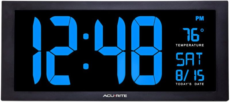 Photo 1 of AcuRite 76100M Oversized LED Clock with Indoor Temperature, Date and Fold-Out Stand 18-Inch Blue
