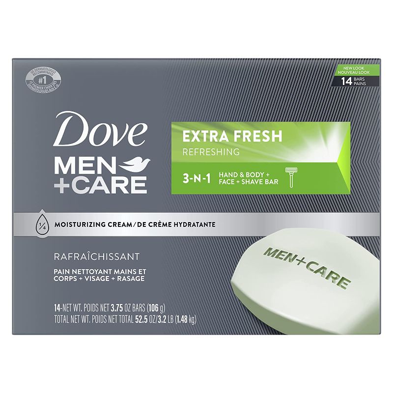 Photo 1 of Dove Men+Care Bar 3 in 1 Cleanser for Body, Face, and Shaving to Clean and Hydrate Skin Extra Fresh Body and Facial Cleanser More Moisturizing Than Bar Soap 3.75 oz 14 Bars
