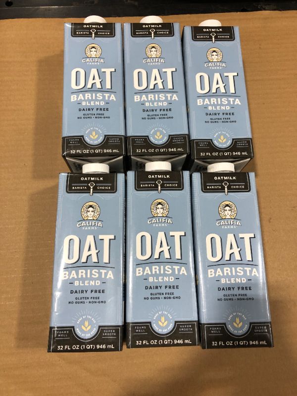 Photo 1 of Califia Farms - Oat Milk, Unsweetened Barista Blend, 32 Fl Oz (Pack of 6) | Shelf Stable | Non Dairy Milk | Creamer | Vegan | Plant Based | Gluten-Free | Non-GMO---EXP NOV 23, 2021