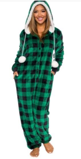 Photo 1 of Silver Lilly Slim Fit Women's Buffalo Plaid One Piece Pajama Union Suit with Sherpa Trim Large