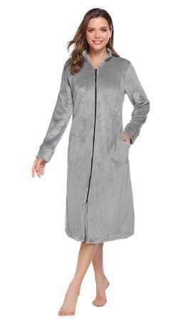 Photo 1 of Ekouaer Women Robe Fleece Bathrobe Long Zip Up Lounger Warm Housecoat Long Sleeve Nightgown with Pockets large