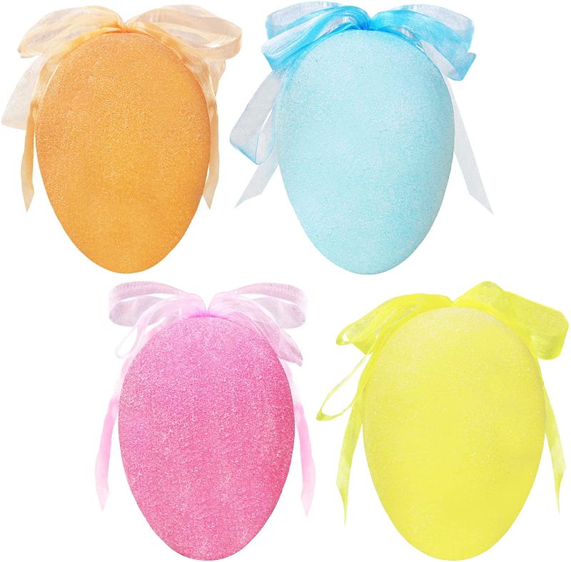 Photo 1 of 4 Pcs Large Hanging Easter Egg Ornaments Decorative Pastel Sugared Easter Eggs with Bows Hanging Easter Tree Ornaments for Easter Tree Wreath Spring Home Indoor Decor Party Favor Gift Basket Fillers