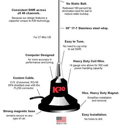 Photo 1 of K30 MAGNET MOUNT CB ANTENNA - 35"