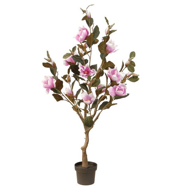 Photo 1 of 48" Potted Artificial Pink and Green Magnolia Flower Tree
