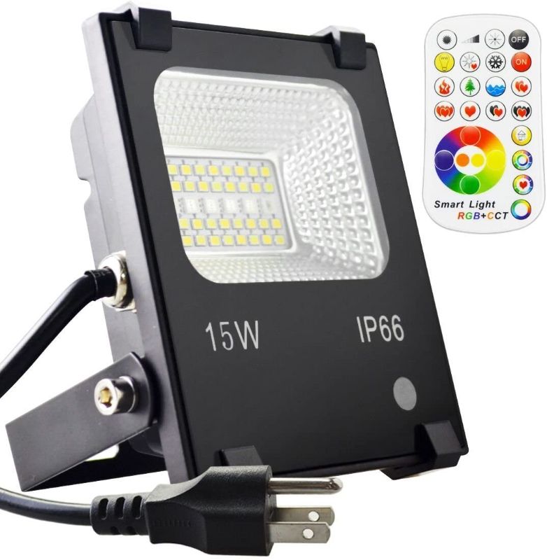 Photo 1 of Melpo 15W Led Flood Light Outdoor, Color Changing RGB Floodlight with Remote, 120 RGB Colors, Warm White to Daylight Tunable, IP66 Waterproof, US 3-Plug
