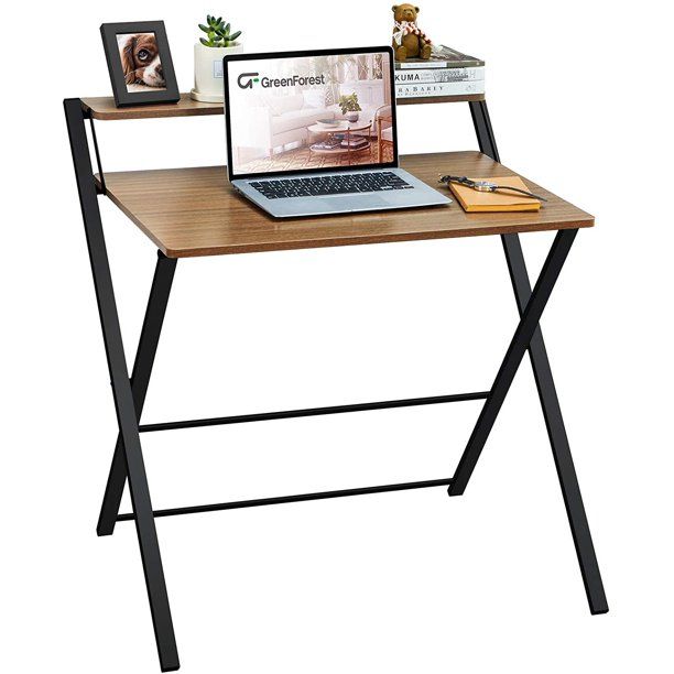 Photo 1 of GreenForest Folding Desk No Assembly Required, 2-Tier Small Computer Desk with Shelf Space Saving Foldable Table for Small Spaces, Espresso
