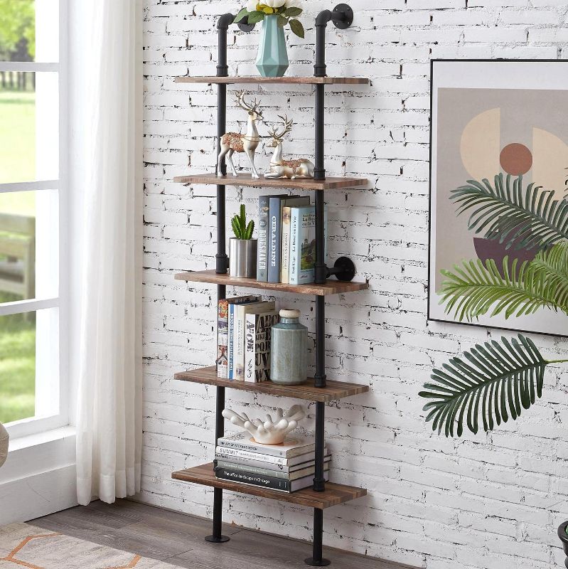 Photo 1 of Hombazaar 5-Shelf Rustic Industrial Bookshelf Ladder Shelf, Vintage Pipes and Wood Shelves, Modern Tall Bookcase for Living Room and Office