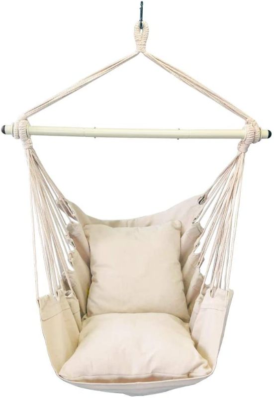 Photo 1 of Highwild Hammock Chair Hanging Rope Swing - Max 500 Lbs - 2 Cushions Included - Steel Spreader Bar with Anti-Slip Rings - for Any Indoor or Outdoor Spaces (Beige)
