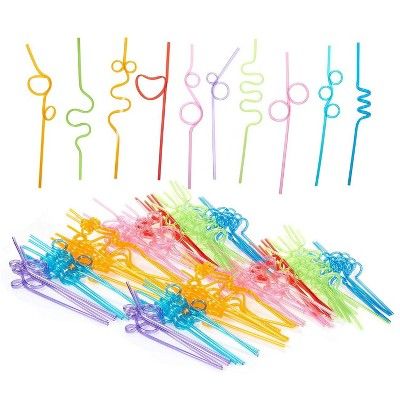 Photo 1 of Blue Panda 100 Pack Silly Crazy Straws, Flexible Plastic Drinking Straw for Kids Party, 9.2 in

