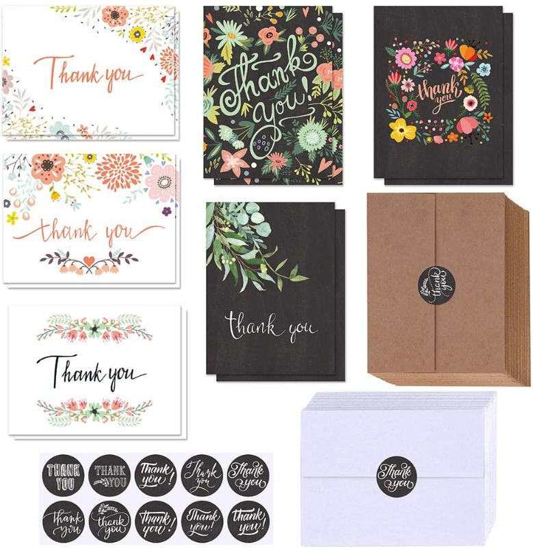 Photo 1 of 150 Sets Bulk Blank Thank You Cards with Envelopes Stickers Assortment 6 Design of Floral Watercolor Calligraphy Thank You Greeting Cards Note Cards for Wedding Bridal Baby Shower Thanksgiving Party
