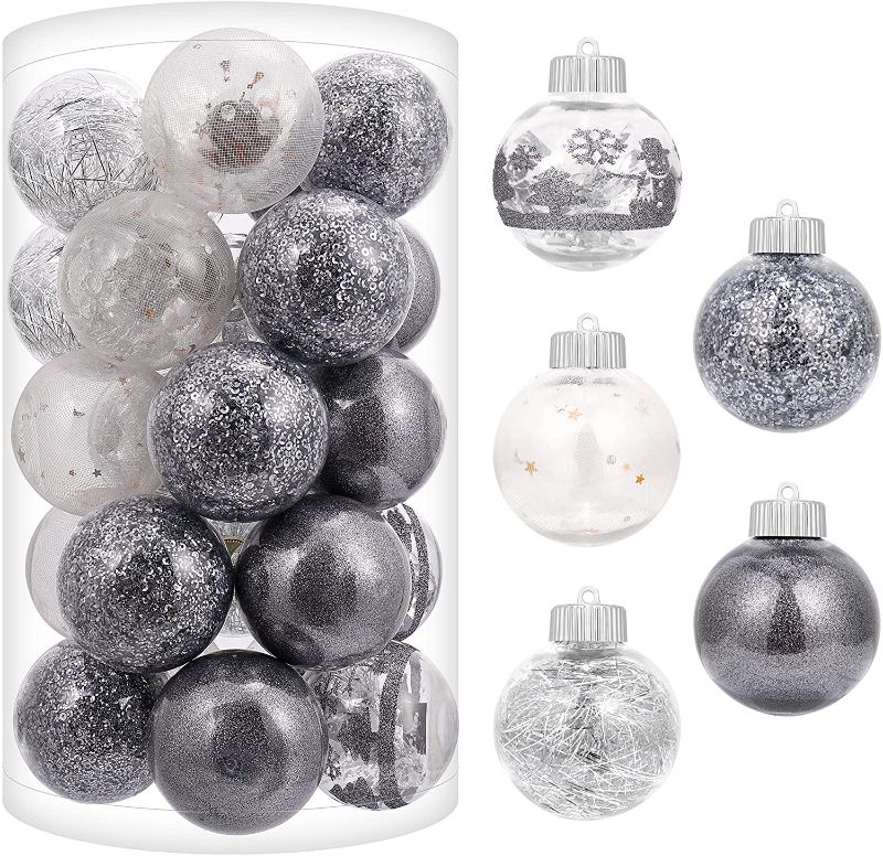 Photo 1 of Blivalley 70mm/2.76" Christmas Ball Ornaments 25Pcs Shatterproof Clear Plastic Xmas Decoration with Baubles Stuffed Hanging Balls for Holiday Festivals Party(Grey)
