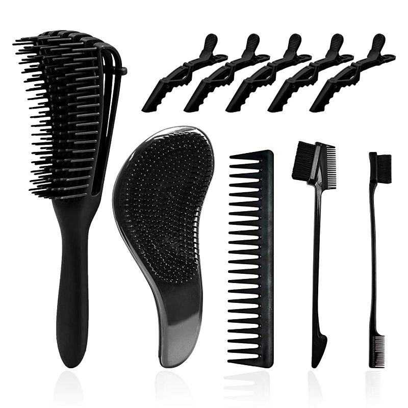 Photo 1 of 2 Pcs Detangling Brush + No Pain Tangle Free Brush Sets, Detangler Hair Comb, with 2 Edge Brush Double Sided + 5 Hair Clips for Curly Natural Straight, Wet or Dry Hair(Black)
