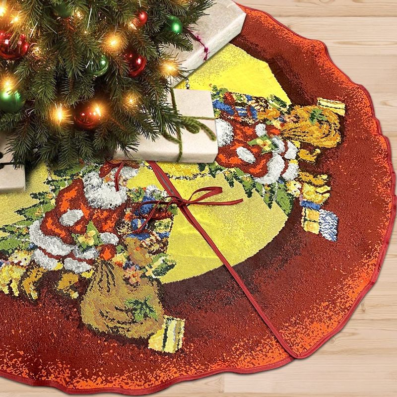 Photo 1 of Hensotrue Christmas Tree Skirt, 51 inch Red Christmas Tree Mat with Santa Claus, Rustic Thick Xmas Tree Skirt Christmas Decorations for Holiday Party Decor Indoor
