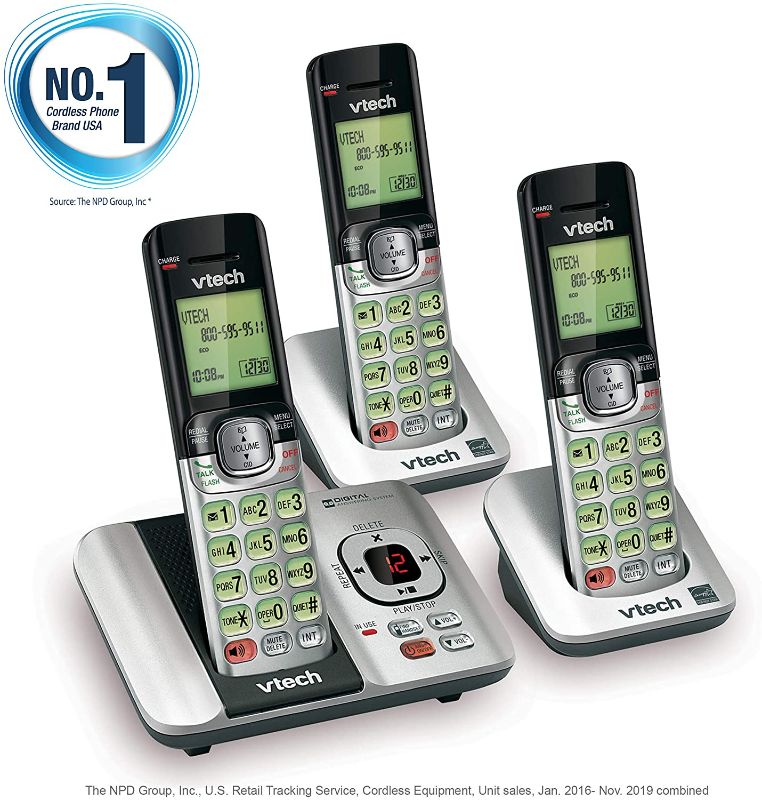 Photo 1 of VTech CS6529-3 3-Handset Expandable Cordless Phone with Answering System-Caller ID/Call Waiting & Backlit Display/Keypad, Silver
