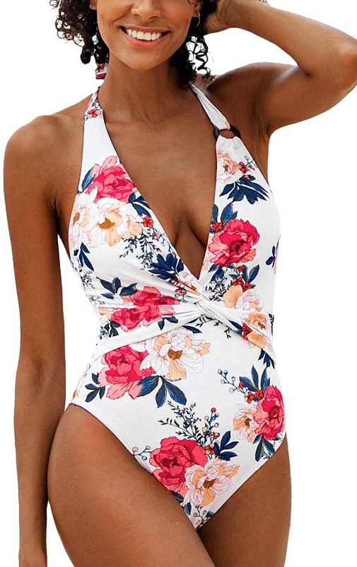 Photo 1 of CUPSHE Women's Floral Plunge Halter Twist One Piece Swimsuit, SIZE L
