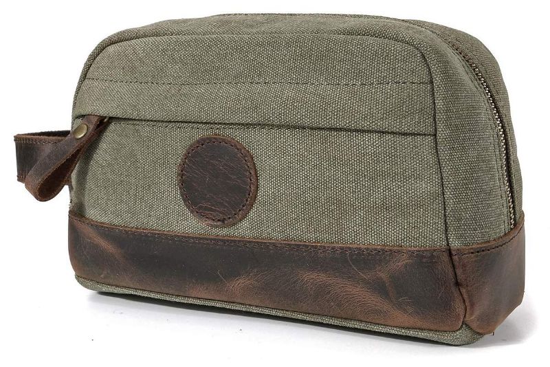 Photo 1 of Scioltoo Small Cosmetic Travel Bag for Men Vintage Leather Traveling Toiletries with Double Compartments Toiletries Bathroom Shaving Makeup B-ArmyGreen

