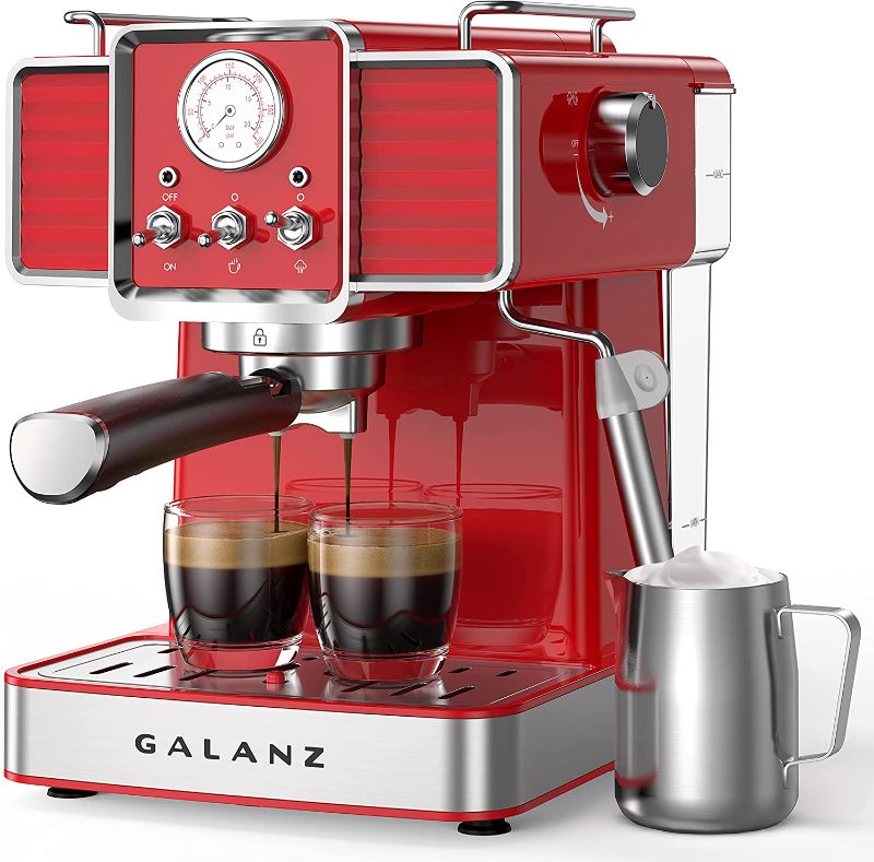 Photo 1 of Galanz Retro Espresso Machine with Milk Frother, 15 Bar Pump Professional Cappuccino and Latte Machine, 1.5L Removable Water Tank, Retro Red, 1350 W
