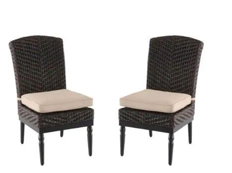 Photo 1 of Camden Dark Brown Wicker Outdoor Patio Armless Dining Chair with CushionGuard Putty Tan Cushions (2-Pack)