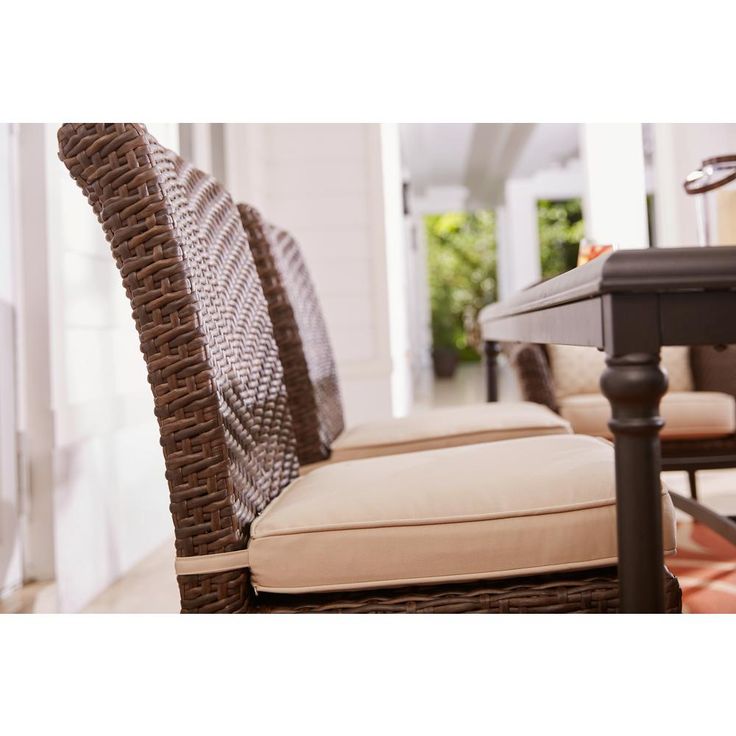 Photo 2 of Camden Dark Brown Wicker Outdoor Patio Armless Dining Chair with CushionGuard Putty Tan Cushions (2-Pack)