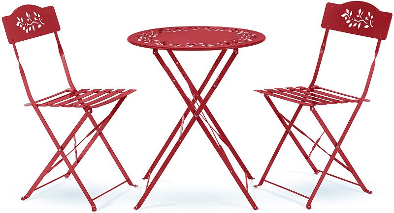 Photo 1 of Alpine Corporation MSY100A-RD Bistro Set, Table: 24" L x 24" W x 28" H Chair: 17" L 18" W x 33" H, Red
