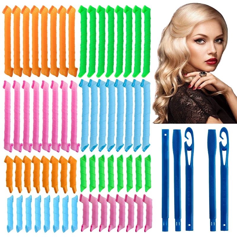 Photo 1 of 64Pcs Hair Curlers Spiral Hair Roller Curls No Heat Curlers Wave Heatless Curly Wavy Hair Curlers Spiral Hair Curls Styling Kit Magic Hair Curler Hair Curlers with Styling Hooks (55+30cm)
