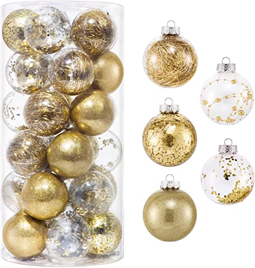 Photo 1 of MELOKI 30Pcs Christmas Ball Ornaments 2.36" Shatterproof Clear Plastic Gold Hanging Christmas Tree Ball Set with Stuffed Delicate for Holiday Xmas Tree Party Decorations
