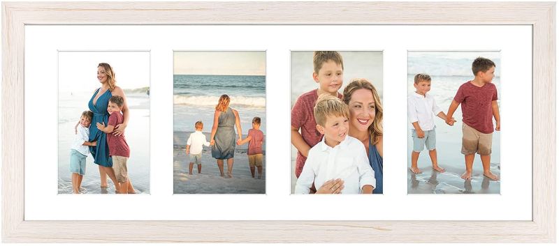 Photo 1 of Golden State Art, 8x20 Distressed White Wood Picture Frame - White Mat for Four 4x6 Photos/Pictures - Sawtooth Hanger - Swivel Tabs - Wall Mounting - Landscape/Portrait - Collage Display - Real Glass