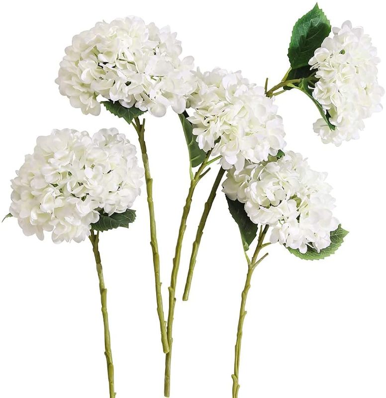 Photo 1 of Blooming Paradise 5Pcs Artificial Fake Flowers Plants Silk Hydrangea 1 Flower Head Arrangements Wedding Bouquets Decorations Plastic Floral Table Centerpieces Home Kitchen Garden (White?5Pcs)