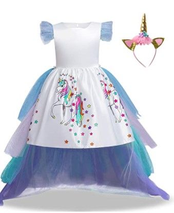 Photo 1 of NNJXD Girl Dress Kids Ruffles Lace Party Wedding Gown Rainbow Tulle 8-9 yrs