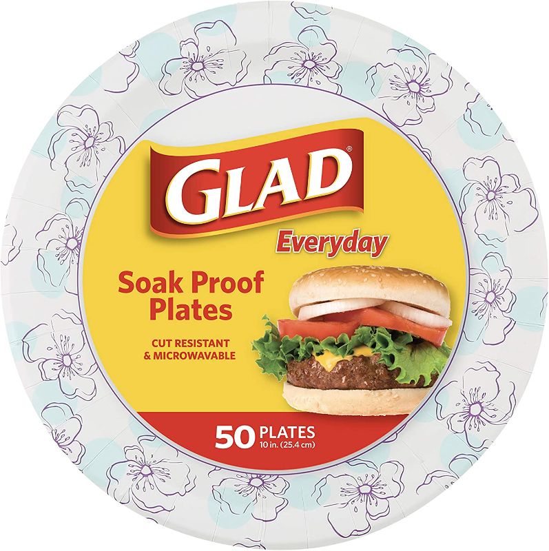 Photo 1 of Glad Round Disposable Paper Plates 10 in, Blue Flower|Soak Proof, Cut Proof, Microwave Safe Heavy Duty Paper Plates 10"|50 Count Bulk Paper Plates, Paper Plates 10 Inch, Bulk for Parties and Occasions