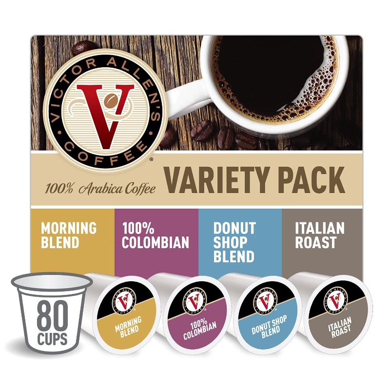 Photo 1 of Victor Allen's 80 Count Single Serve Cup Variety Pack of Morning Blend, 100% Colombian, Donut Shop and Italian Roast (Compatible with 2.0 Keurig Brewers)