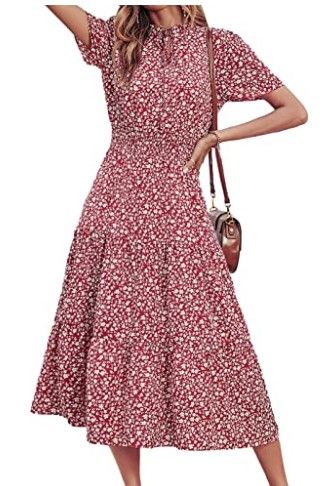 Photo 1 of BTFBM Women Boho Floral Print Casual Dress Summer Sexy Tie V Neck Short Sleeve Vintage Elastic A-Line Beach Midi Dresses large